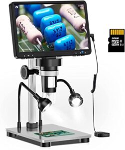 elikliv 7″ lcd digital microscope 1200x, 1080p coin microscope with wired remote, 12mp ultra-precise focusing, 10 led fill lights, pc view, metal stand, windows/mac compatible, 32gb