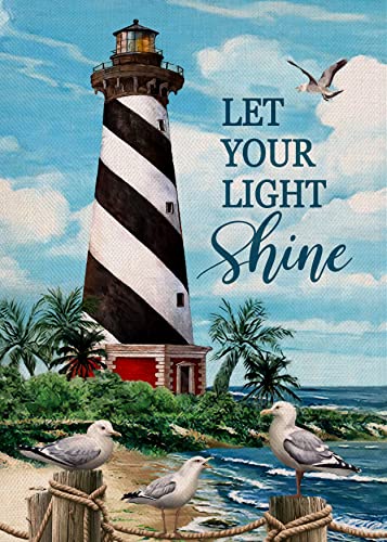 Dyrenson Let Your Light Shine Summer Beach Coastal Lighthouse Decorative Garden Flag, Ocean Beach Yard Outside Decorations Outdoor Small Decor 12x18