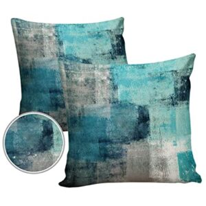 Turquoise Outdoor Throw Pillow Cover Waterproof Modern Art Abstract Painting Lumbar Pillowcases Set of 2 Teal Gray Decorative Patio Furniture Pillows for Couch Garden 18 x 18 Inches