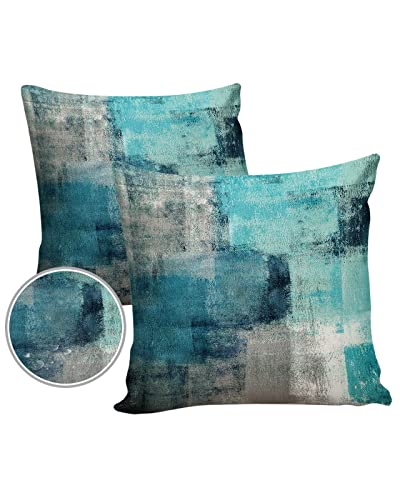 Turquoise Outdoor Throw Pillow Cover Waterproof Modern Art Abstract Painting Lumbar Pillowcases Set of 2 Teal Gray Decorative Patio Furniture Pillows for Couch Garden 18 x 18 Inches