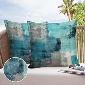 Turquoise Outdoor Throw Pillow Cover Waterproof Modern Art Abstract Painting Lumbar Pillowcases Set of 2 Teal Gray Decorative Patio Furniture Pillows for Couch Garden 18 x 18 Inches