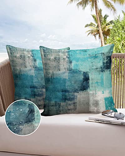 Turquoise Outdoor Throw Pillow Cover Waterproof Modern Art Abstract Painting Lumbar Pillowcases Set of 2 Teal Gray Decorative Patio Furniture Pillows for Couch Garden 18 x 18 Inches