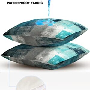 Turquoise Outdoor Throw Pillow Cover Waterproof Modern Art Abstract Painting Lumbar Pillowcases Set of 2 Teal Gray Decorative Patio Furniture Pillows for Couch Garden 18 x 18 Inches