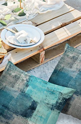 Turquoise Outdoor Throw Pillow Cover Waterproof Modern Art Abstract Painting Lumbar Pillowcases Set of 2 Teal Gray Decorative Patio Furniture Pillows for Couch Garden 18 x 18 Inches