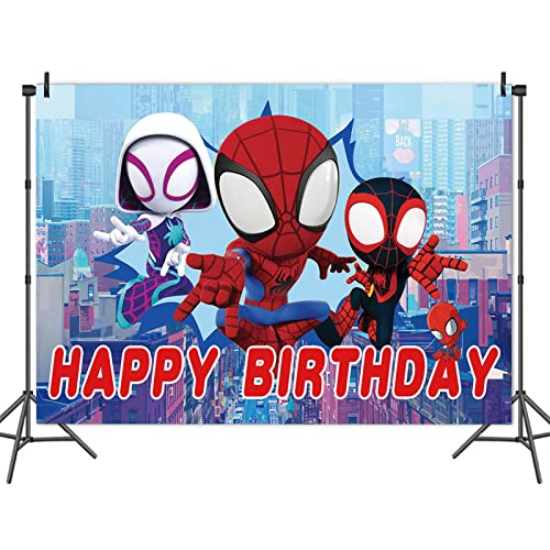 Happy Birthday Theme Red Spider Man Photography Backdrop Cartoon Comics Style Building Scenes Photo Background 5x3ft Children Boys Birthday Party Banner Decors Supplies