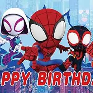 Happy Birthday Theme Red Spider Man Photography Backdrop Cartoon Comics Style Building Scenes Photo Background 5x3ft Children Boys Birthday Party Banner Decors Supplies