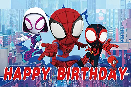 Happy Birthday Theme Red Spider Man Photography Backdrop Cartoon Comics Style Building Scenes Photo Background 5x3ft Children Boys Birthday Party Banner Decors Supplies