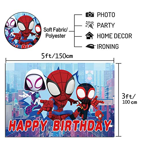 Happy Birthday Theme Red Spider Man Photography Backdrop Cartoon Comics Style Building Scenes Photo Background 5x3ft Children Boys Birthday Party Banner Decors Supplies