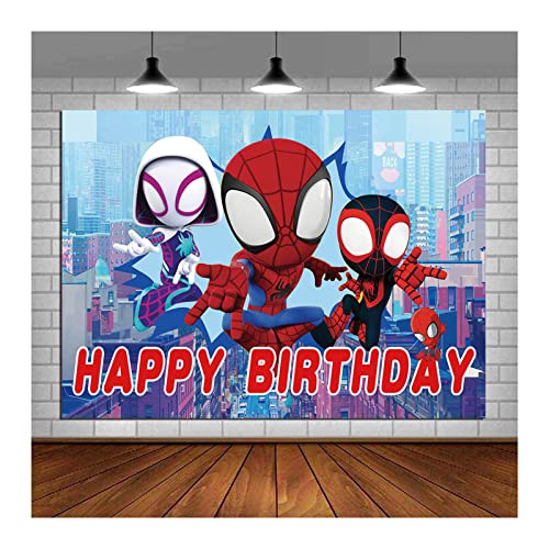 Happy Birthday Theme Red Spider Man Photography Backdrop Cartoon Comics Style Building Scenes Photo Background 5x3ft Children Boys Birthday Party Banner Decors Supplies