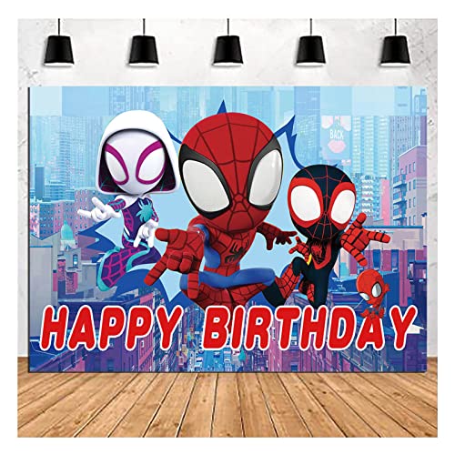 Happy Birthday Theme Red Spider Man Photography Backdrop Cartoon Comics Style Building Scenes Photo Background 5x3ft Children Boys Birthday Party Banner Decors Supplies