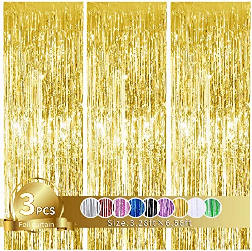 3Pcs Gold Metallic Tinsel Foil Fringe Curtains,3.28ft x 6.56ft Gold Photo Booth Backdrop Streamer,Photo Booth Props,for Party Door Wall Curtains Bachelorette Birthday, Christmas,New Year Decorations