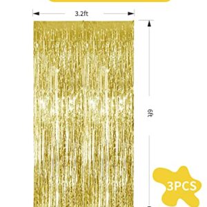 3Pcs Gold Metallic Tinsel Foil Fringe Curtains,3.28ft x 6.56ft Gold Photo Booth Backdrop Streamer,Photo Booth Props,for Party Door Wall Curtains Bachelorette Birthday, Christmas,New Year Decorations