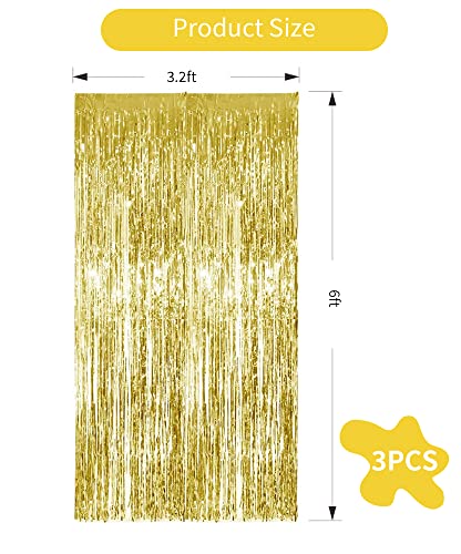 3Pcs Gold Metallic Tinsel Foil Fringe Curtains,3.28ft x 6.56ft Gold Photo Booth Backdrop Streamer,Photo Booth Props,for Party Door Wall Curtains Bachelorette Birthday, Christmas,New Year Decorations