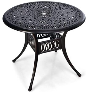 tangkula 36 inch outdoor dining table, round cast aluminum patio dining table with umbrella hole, weather-resistant patio bistro table for backyard, garden, poolside