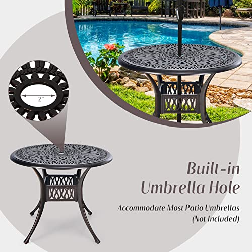 Tangkula 36 Inch Outdoor Dining Table, Round Cast Aluminum Patio Dining Table with Umbrella Hole, Weather-Resistant Patio Bistro Table for Backyard, Garden, Poolside