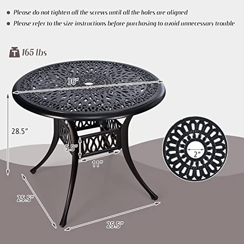Tangkula 36 Inch Outdoor Dining Table, Round Cast Aluminum Patio Dining Table with Umbrella Hole, Weather-Resistant Patio Bistro Table for Backyard, Garden, Poolside