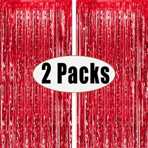 2 Packs 3ft x 8.3ft Red Metallic Tinsel Foil Fringe Curtains Photo Booth Props for Birthday Engagement Bridal Shower Baby Shower Bachelorette Holiday Celebration Party Decorations