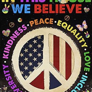 Swooflia In This House We Believe Garden Flag Small Yard Flag for Outside Decor Kindness Peace Equality Burlap Garden Banner 12x18 Inch Double Sided HYQ-223