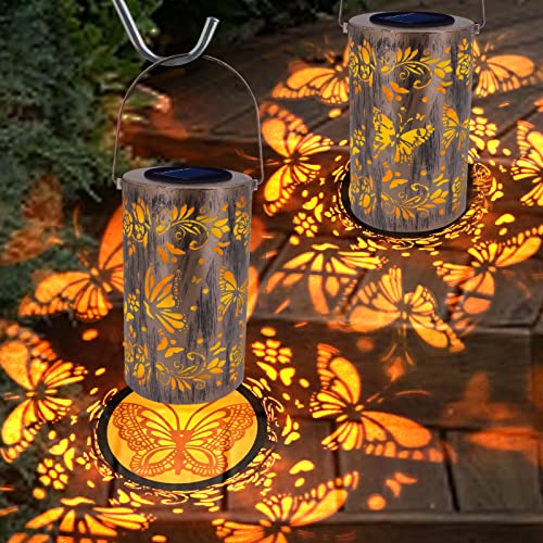 Outdoor Solar Lanterns, 2 Pack Retro Butterfly Hanging Lights Metal Outdoor Lantern Waterproof Decor Garden Lights for Patio, Pathway, Tree, Porch