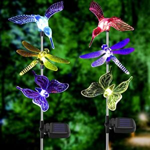 solar garden lights outdoor – 2 pack led figurine stake light, color changing decorative landscape light led solar powered hummingbird butterfly dragonfly for patio yard pathway halloween christmas
