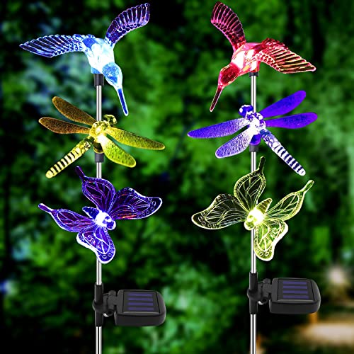 Solar Garden Lights Outdoor - 2 Pack LED Figurine Stake Light, Color Changing Decorative Landscape Light LED Solar Powered Hummingbird Butterfly Dragonfly for Patio Yard Pathway Halloween Christmas