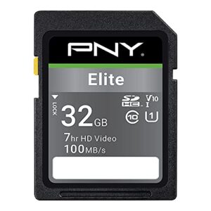 pny 32gb elite class 10 u1 v10 sdhc flash memory card – 100mb/s, class 10, u1, v10, full hd, uhs-i, full size sd