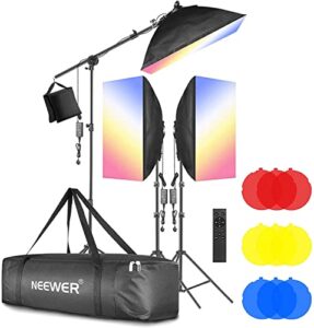 neewer 3-pack 2.4g led softbox lighting kit with color filter: 20″x28″ softbox, 3200-5600k 48w dimmable led light head with 2.4g remote, light stand, boom arm, bag for photo studio video shooting