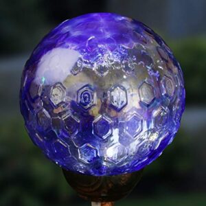 Exhart Garden Solar Lights, Decorative LED Honeycomb Glass Ball Garden Stake, Glass and Metal Outdoor Decoration, Dark Blue, 4 x 31 Inch