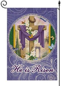 yaochong he is risen easter cross lily garden flag,spring house yard decorative double sided flag 12.5 x 18 inch