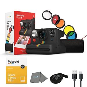 now+ instant camera, black, bluetooth now plus film camera with 5 piece lens filter kit & pouch, 8 color instant camera film, and lumintrail lens cleaning cloth