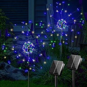 solar garden lights outdoor christmas decorations, 2 pack 210 led 2 lighting modes waterproof fireworks lamps, starburst string lights for patio yard pathway parties landscape decor(colorful)