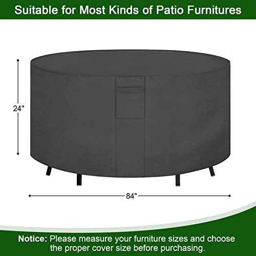 Patio Furniture Covers, Round Patio Table Cover, Outdoor Patio Covers for Furniture, Heavy Duty Table Cover with Fix Straps UV-Resistant, Snowproof Waterproof Patio Furniture for Winter, 84"DIA x 28"H