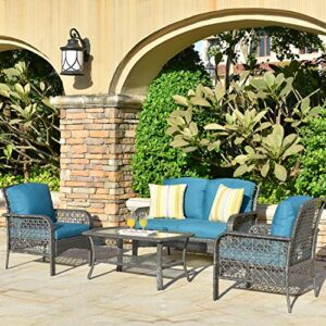 ovios patio wicker outdoor furniture sets, outdoor patio furniture sets, all weather patio furniture, rattan wicker conversation set with cushions and coffee table (gray wicker + blue cushion)
