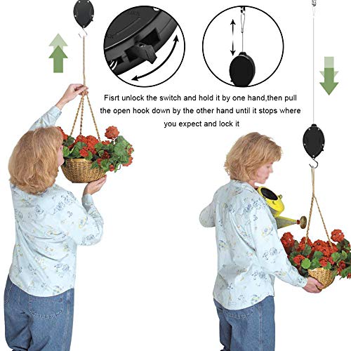 Sunnyac Retractable Plant Pulley, Adjustable Plant Hanger with Locking Button and Metal Ceiling Hooks for Hanging Plants, Garden Flower Baskets, Pots and Bird Feeders, Easily Lower or Raise (2, Black)