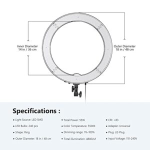 Neewer 18-Inch Ring Light, 55W Dimmable 5500K Light with 240 LEDs Color Filter, Soft Tube and Carrying Bag for YouTube, TikTok, Selfies and Photography, Compatible with Camera and Smartphones