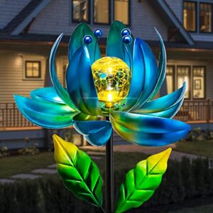 solar yard lights wind spinners- metal lotus flower garden decor led crackle glass globe yard art sculpture solar stake lights for patio pathway lawn walkway