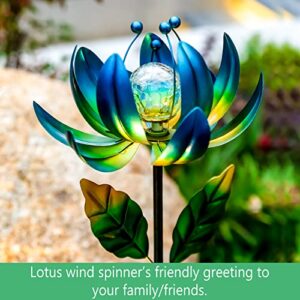 Solar Yard Lights Wind Spinners- Metal Lotus Flower Garden Decor LED Crackle Glass Globe Yard Art Sculpture Solar Stake Lights for Patio Pathway Lawn Walkway