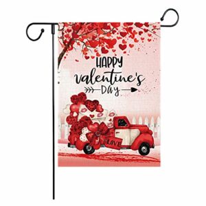 heart truck garden flags, happy valentine’s day heart tree garden flag 12.5 x 18 inch vertical double sized burlap flag for house yard outdoor decor
