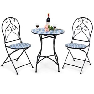 giantex 3-piece patio bistro set, outdoor dining set round table and 2 folding chairs, mosaic table with floral pattern metal frame, garden conversation set for deck porch poolside yard lawn