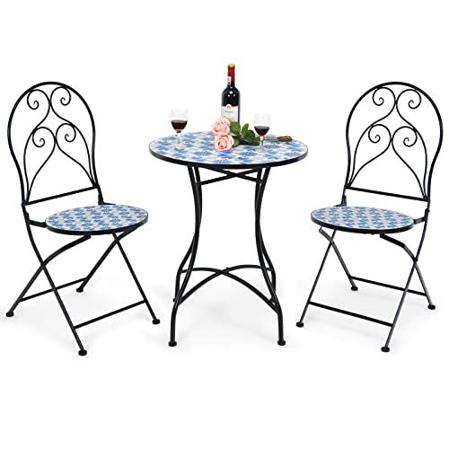 Giantex 3-Piece Patio Bistro Set, Outdoor Dining Set Round Table and 2 Folding Chairs, Mosaic Table with Floral Pattern Metal Frame, Garden Conversation Set for Deck Porch Poolside Yard Lawn