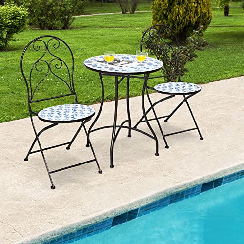 Giantex 3-Piece Patio Bistro Set, Outdoor Dining Set Round Table and 2 Folding Chairs, Mosaic Table with Floral Pattern Metal Frame, Garden Conversation Set for Deck Porch Poolside Yard Lawn