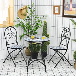 Giantex 3-Piece Patio Bistro Set, Outdoor Dining Set Round Table and 2 Folding Chairs, Mosaic Table with Floral Pattern Metal Frame, Garden Conversation Set for Deck Porch Poolside Yard Lawn