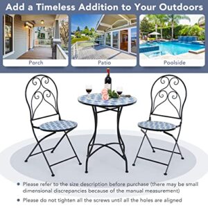 Giantex 3-Piece Patio Bistro Set, Outdoor Dining Set Round Table and 2 Folding Chairs, Mosaic Table with Floral Pattern Metal Frame, Garden Conversation Set for Deck Porch Poolside Yard Lawn