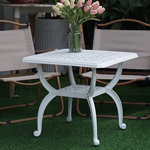 C/G Outdoor Side Tables,Cast Aluminum Patio End Tables,Anti-Rust Coffee Table for Garden Patio Lawn (Square-end Tables, White)