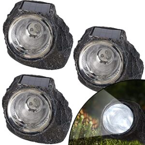 dynaming 3 pack outdoor solar rock lights, solar powered garden decorative stone lights waterproof led landscape spotlight for lawn, ground, driveway, yard, patio, pathway, walkway
