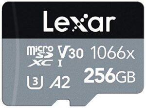 lexar professional 1066x 256gb microsdxc uhs-i card w/ sd adapter, c10, u3, v30, a2, full hd, 4k uhd, up to 160mb/s read, for action cameras, drones, high-end smartphones, tablets (lms1066256g-bnanu)
