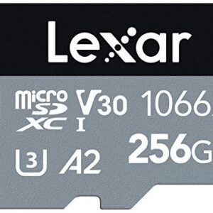 Lexar Professional 1066x 256GB microSDXC UHS-I Card w/ SD Adapter, C10, U3, V30, A2, Full HD, 4K UHD, Up to 160MB/s Read, for Action Cameras, Drones, High-End Smartphones, Tablets (LMS1066256G-BNANU)