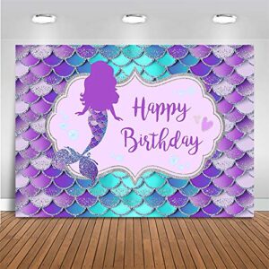 mocsicka mermaid birthday backdrop under the sea birthday party decoration for girl blue purple scales photography background (7x5ft (82×60 inch))