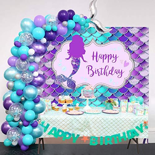 Mocsicka Mermaid Birthday Backdrop Under The Sea Birthday Party Decoration for Girl Blue Purple Scales Photography Background (7x5ft (82x60 inch))