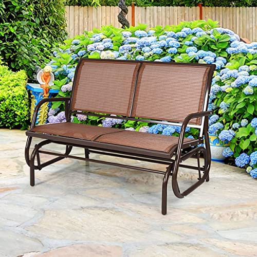 Giantex Swing Glider Chair 48 Inch with Spacious Space, 2 People Swing Lounge Glider Chair Cozy Patio Bench Outdoor & Indoor for Patio, Backyard, Poolside, Lawn Steel Rocking Garden Loveseat (Brown)